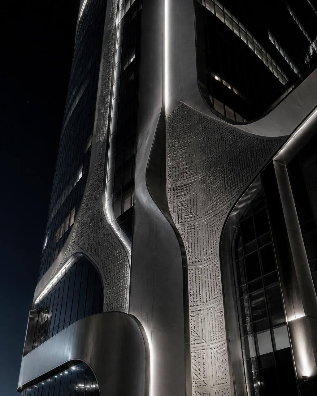 Afrofuturistic building facade with black glass and silver accents